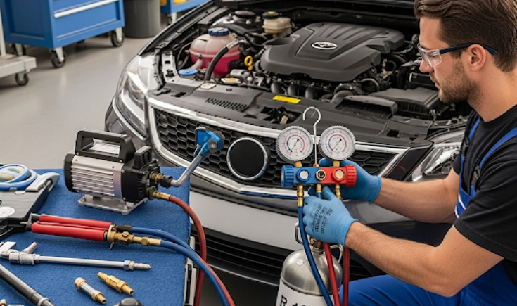 Expert car AC maintenance and gas refilling process