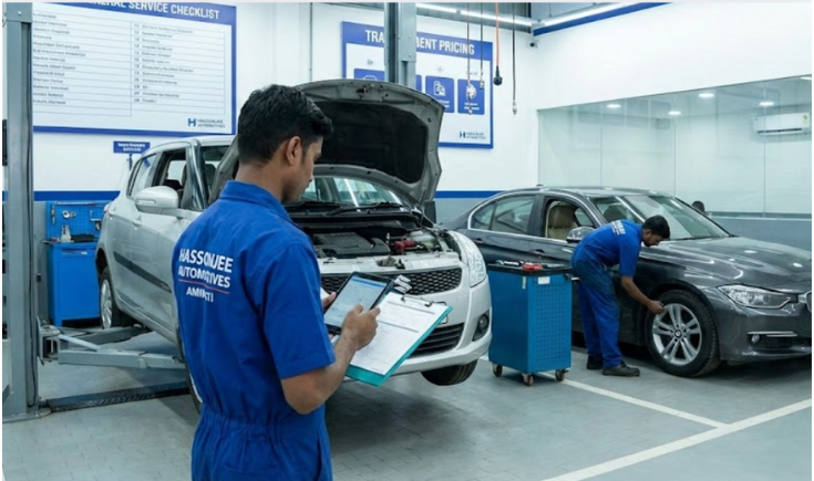Car periodic maintenance and general service inspection at Hassonjee Automotives Amravati