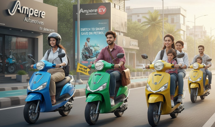Ampere electric scooter at Hassonjee Automotives showroom in Amravati