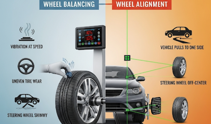 Difference between wheel balancing and wheel alignment with visual indicators